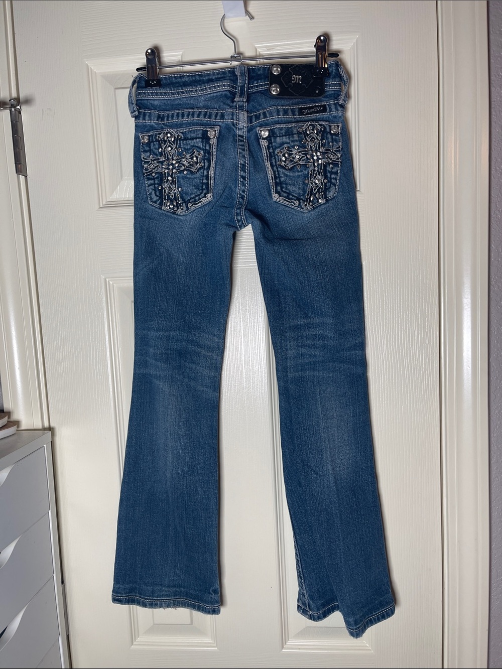 Miss Me Dark Blue Flare Jeans with Embellished Cross Pockets